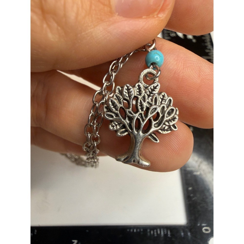 Silver Tone Tree of Life Pendant Necklace Turquoise Bead Accent 18 Inch Chain